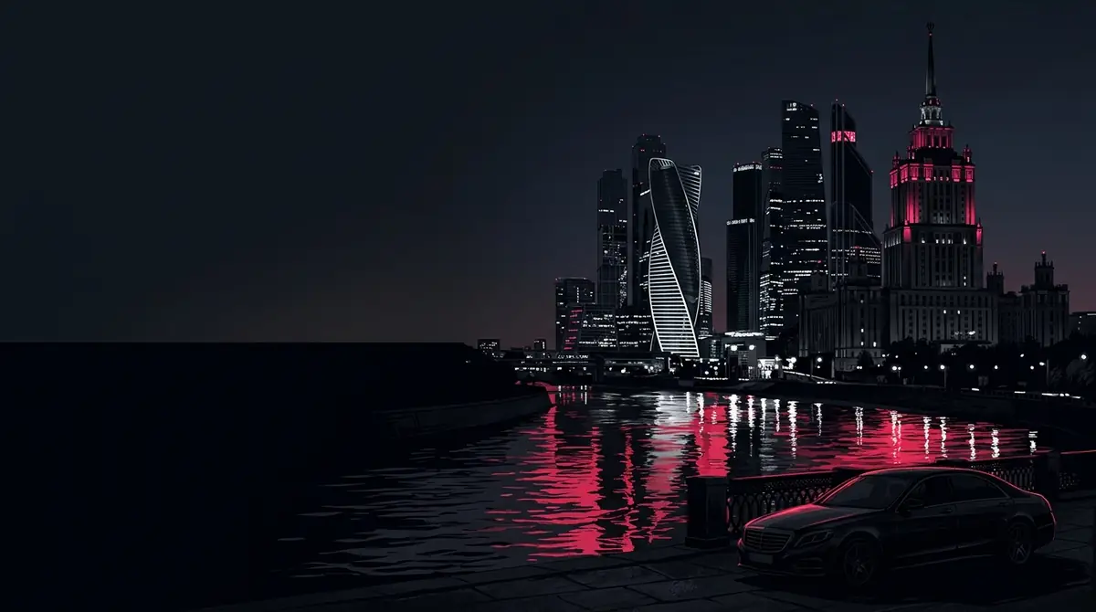 Ночная Москва: Москва-Сити и сталинская высотка в малиновой подсветке, огни отражаются в реке